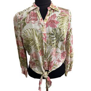 Larry Levine Women's Linen Blend Button Down Floral Front Tie Blouse Small